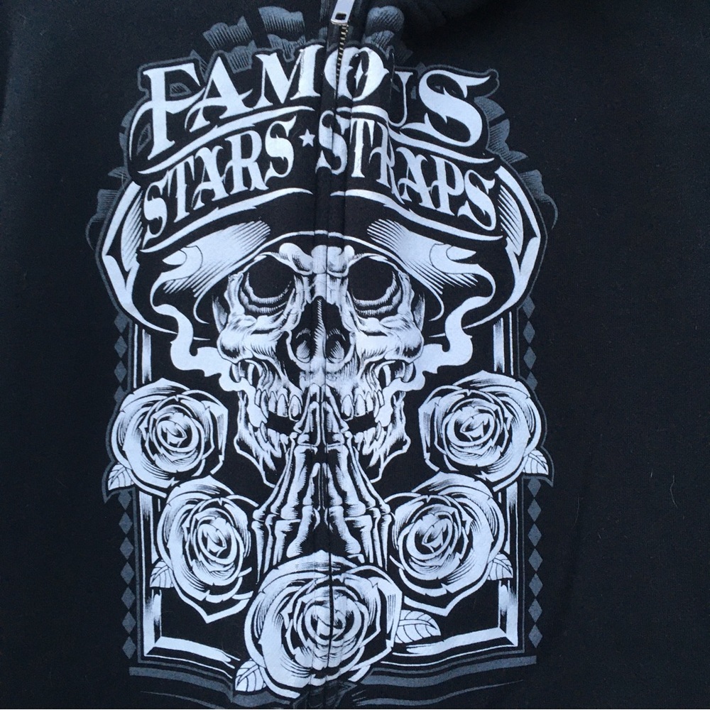 Vtg Y2K Famous Stars and Straps Hoodie Mens Large Black Full Zip Skull And Roses - Picture 3 of 7
